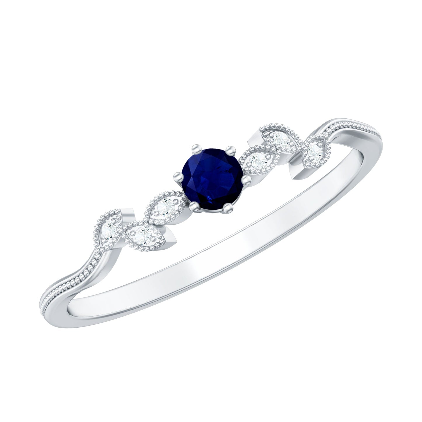 Minimalist Blue Sapphire and Diamond Leaf Promise Ring with Certificate