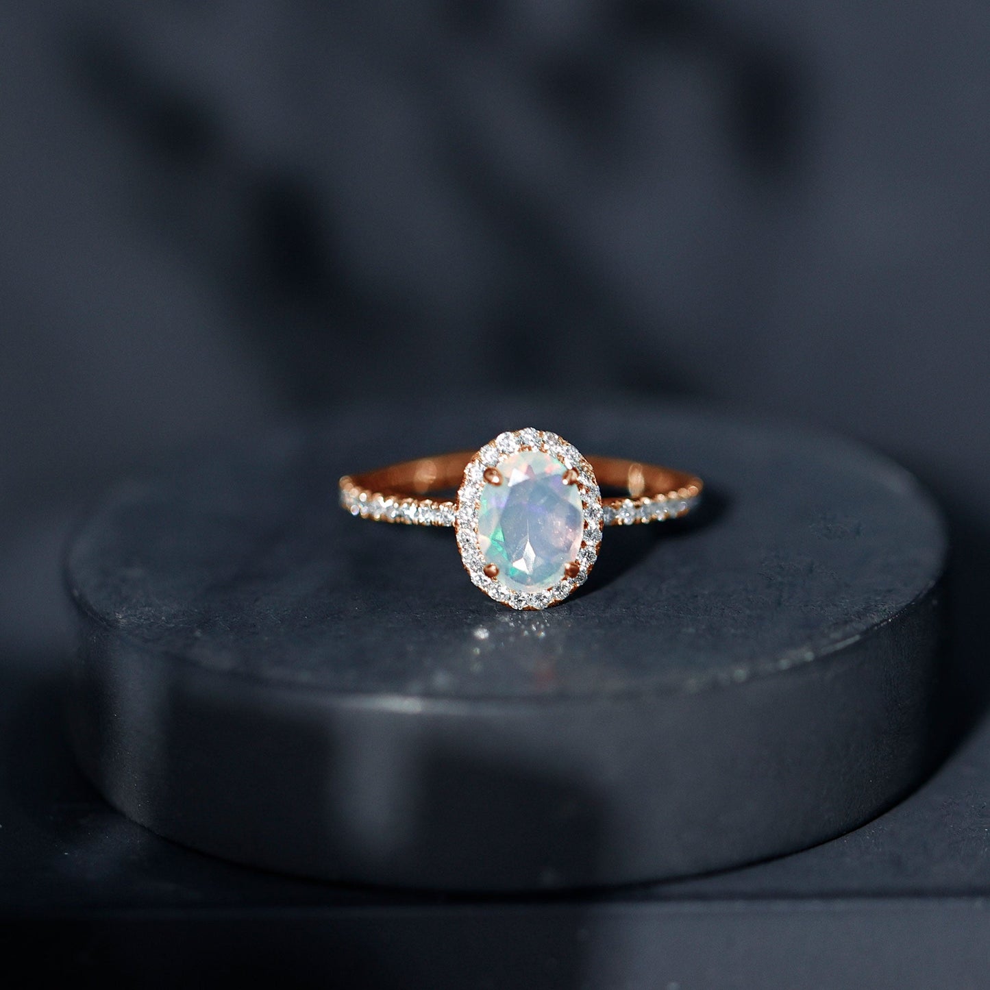 Certified Real 1.2 Carat Ethiopian Opal Oval Engagement Ring with Diamond Halo