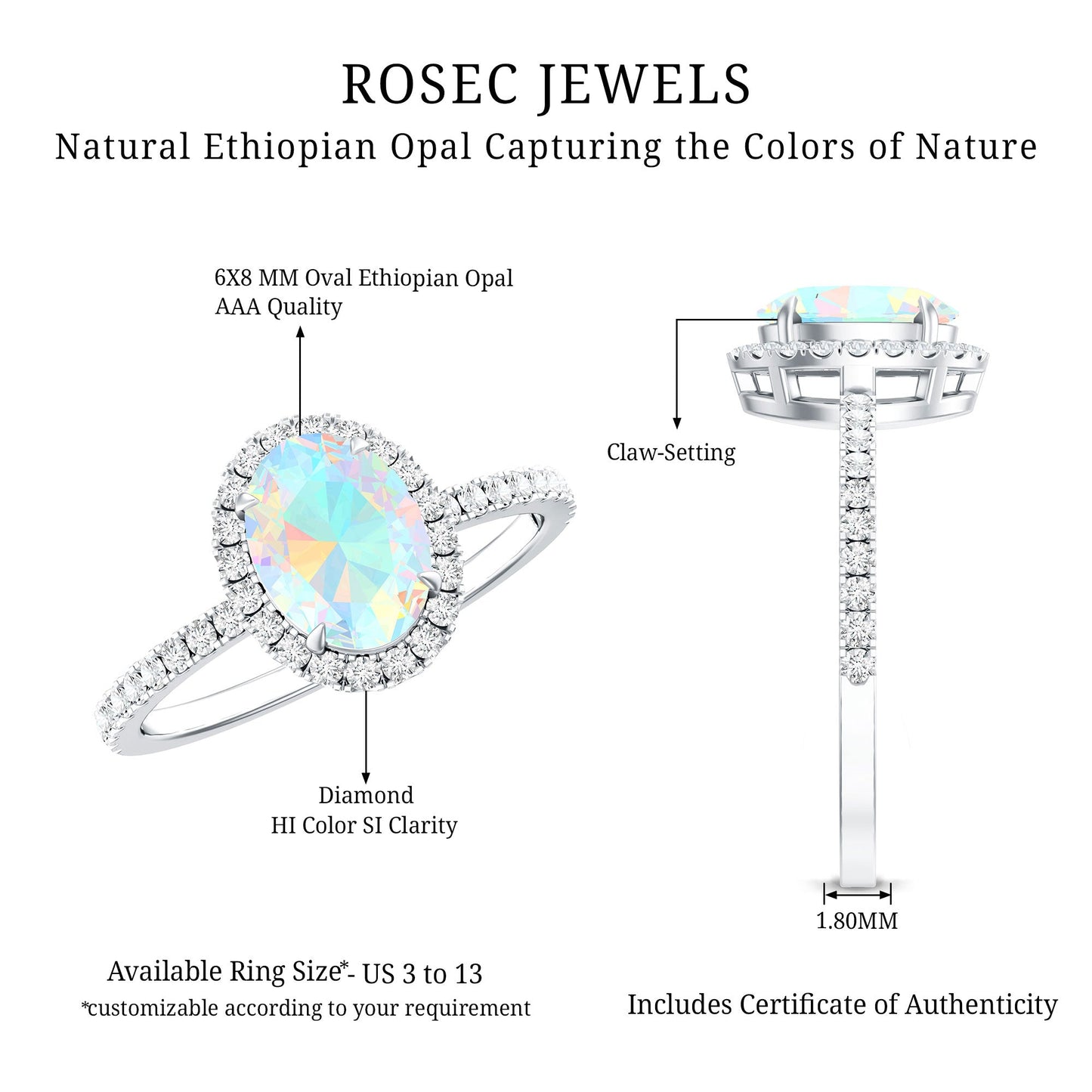 Certified Real 1.2 Carat Ethiopian Opal Oval Engagement Ring with Diamond Halo