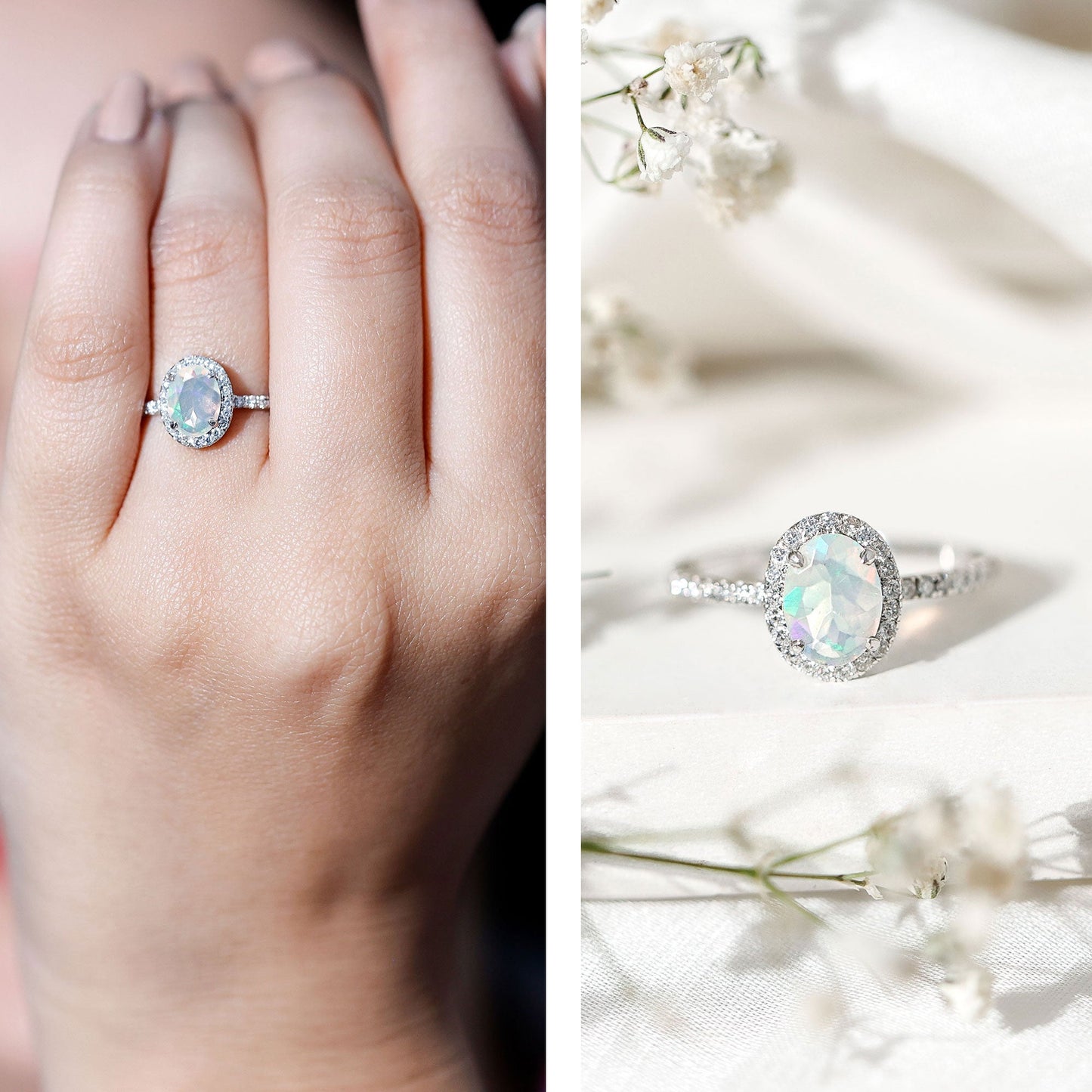 Certified Real 1.2 Carat Ethiopian Opal Oval Engagement Ring with Diamond Halo