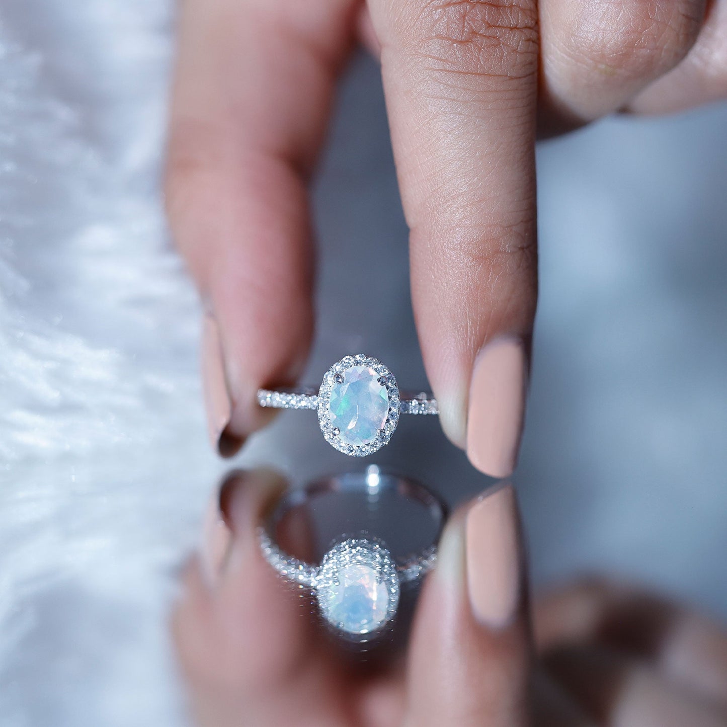 Certified Real 1.2 Carat Ethiopian Opal Oval Engagement Ring with Diamond Halo