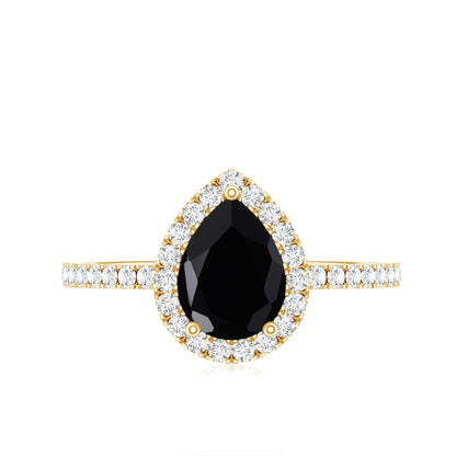 Genuine Black Onyx Teardrop Engagement Ring with Diamond