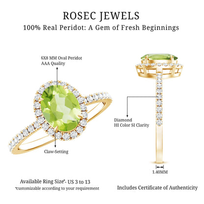 Natural 1 Carat Peridot Oval Engagement Ring with Diamond Halo