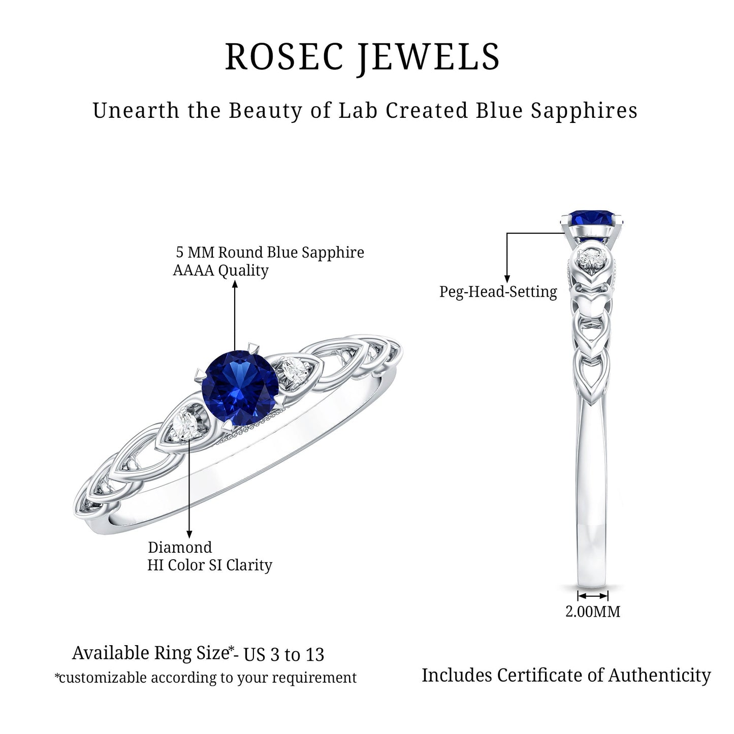 Certified 0.6 Carat Lab Grown Blue Sapphire Diamond Promise Ring