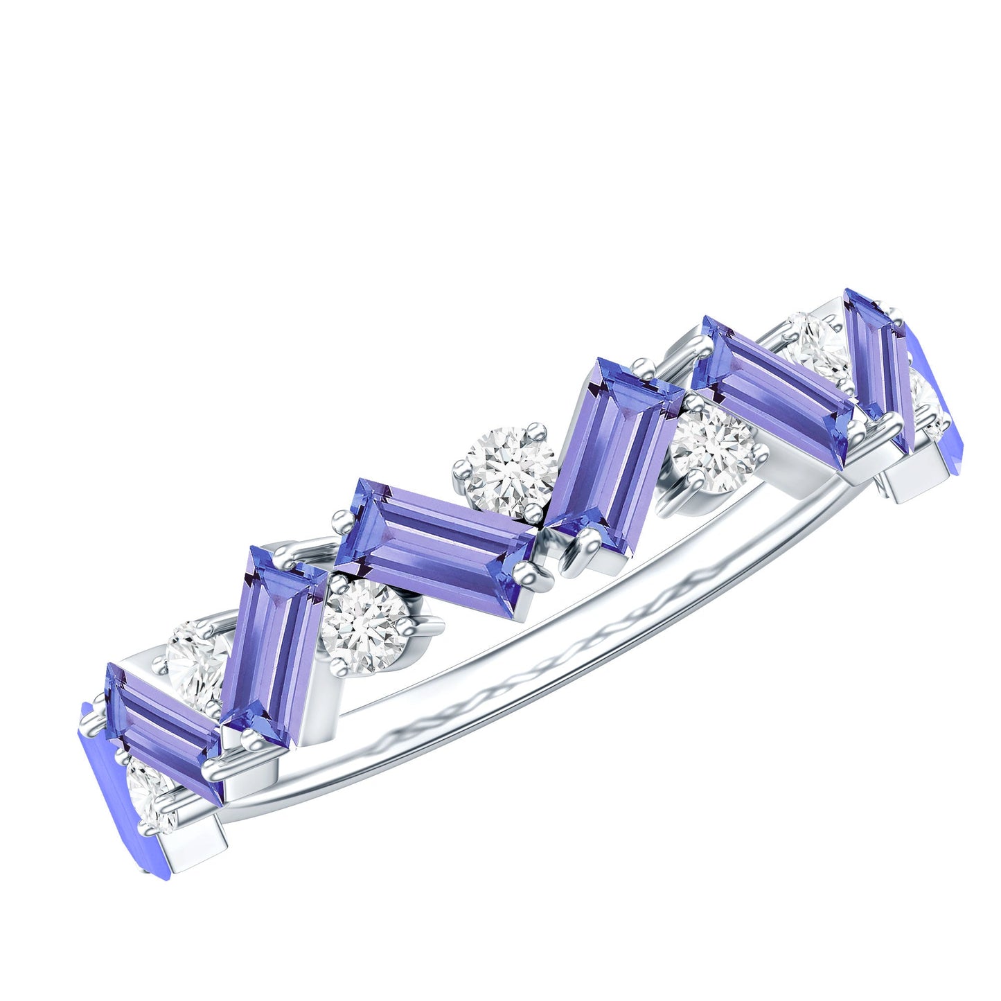 Baguette Cut Tanzanite and Diamond Half Eternity Stackable Ring
