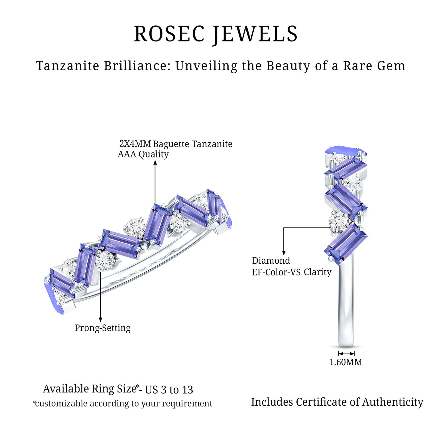Baguette Cut Tanzanite and Diamond Half Eternity Stackable Ring