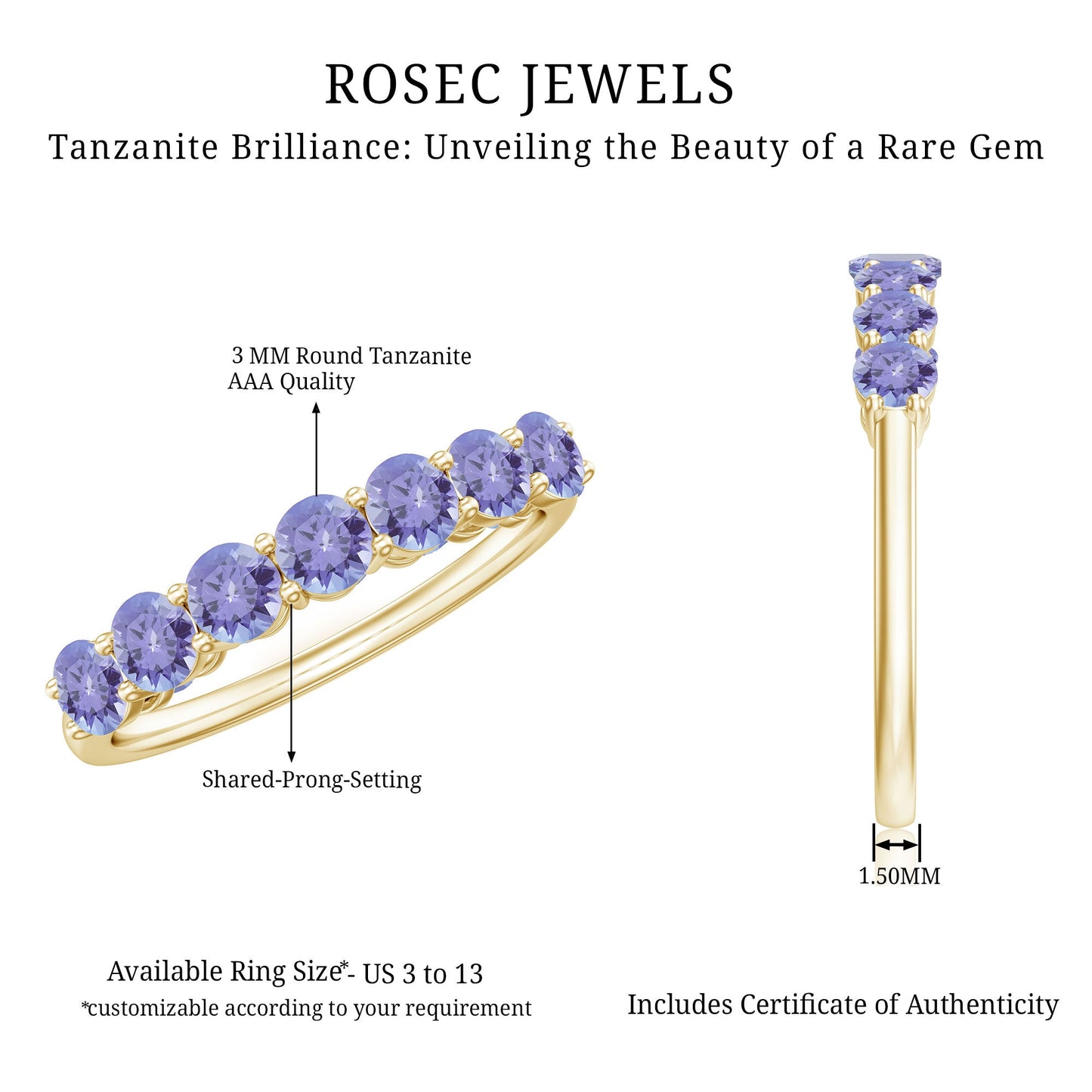 Certified Real Tanzanite Half Eternity Ring for Anniversary
