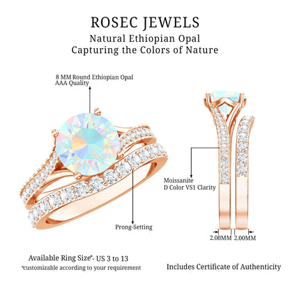 Natural Ethiopian Opal Split Shank Engagement Ring with Wedding Band
