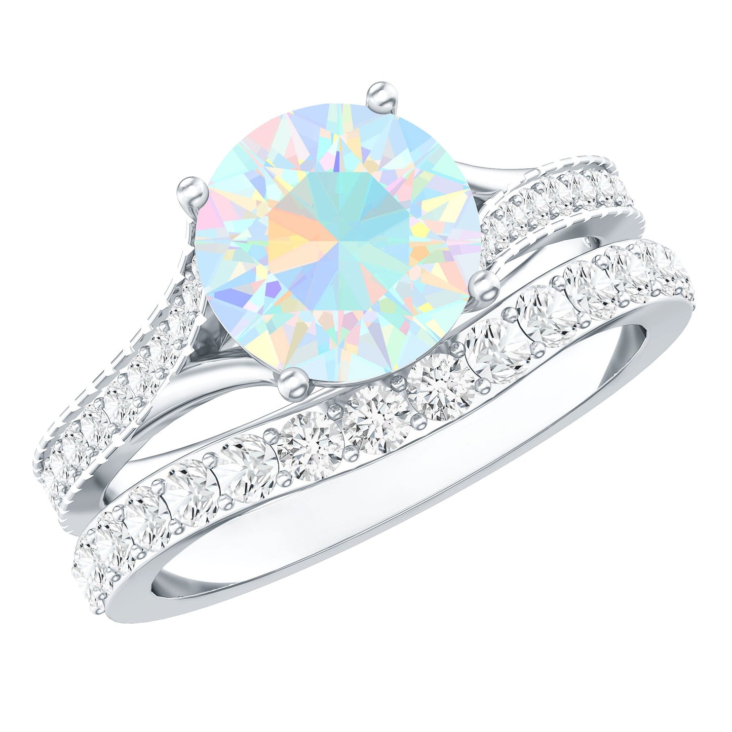 Natural Ethiopian Opal Split Shank Engagement Ring with Wedding Band