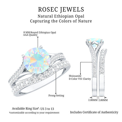 Natural Ethiopian Opal Split Shank Engagement Ring with Wedding Band
