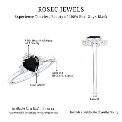 2 Carat Heart Shape Black Onyx Solitaire Engagement Ring with Diamond Accent