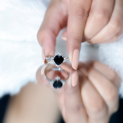 2 Carat Heart Shape Black Onyx Solitaire Engagement Ring with Diamond Accent