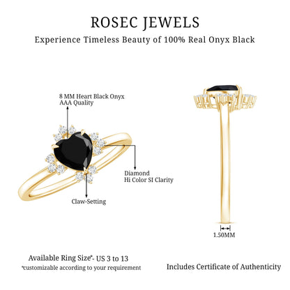 2 Carat Heart Shape Black Onyx Solitaire Engagement Ring with Diamond Accent