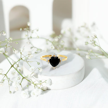 2 Carat Heart Shape Black Onyx Solitaire Engagement Ring with Diamond Accent