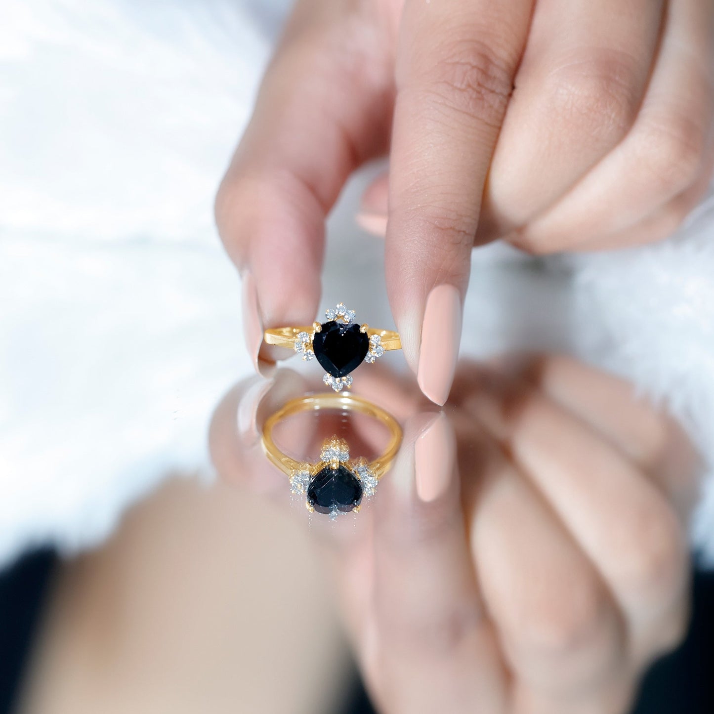2 Carat Heart Shape Black Onyx Solitaire Engagement Ring with Diamond Accent