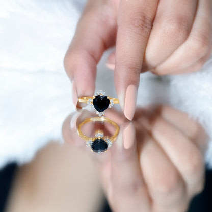 2 Carat Heart Shape Black Onyx Solitaire Engagement Ring with Diamond Accent