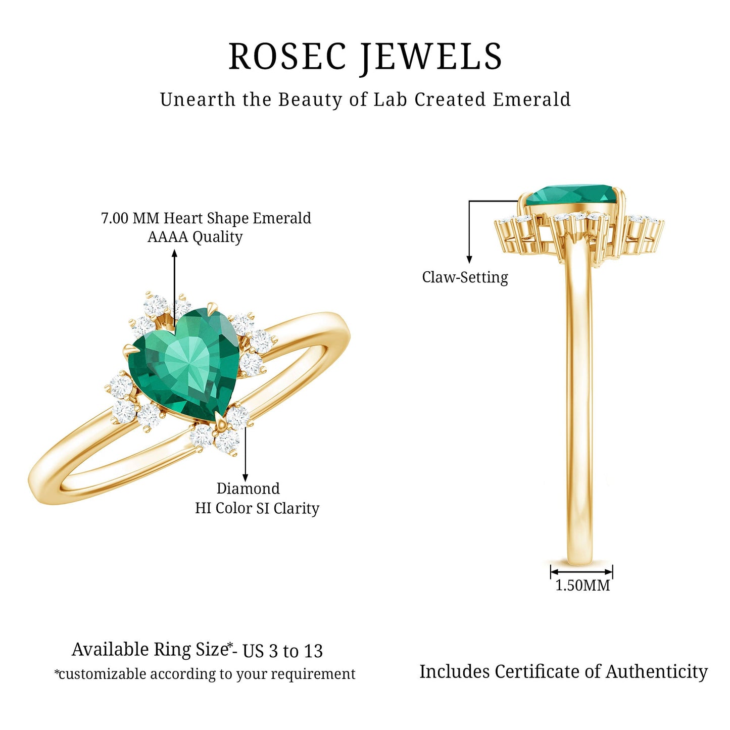 Certified Lab Grown Emerald Heart Shaped Promise Ring with Diamond
