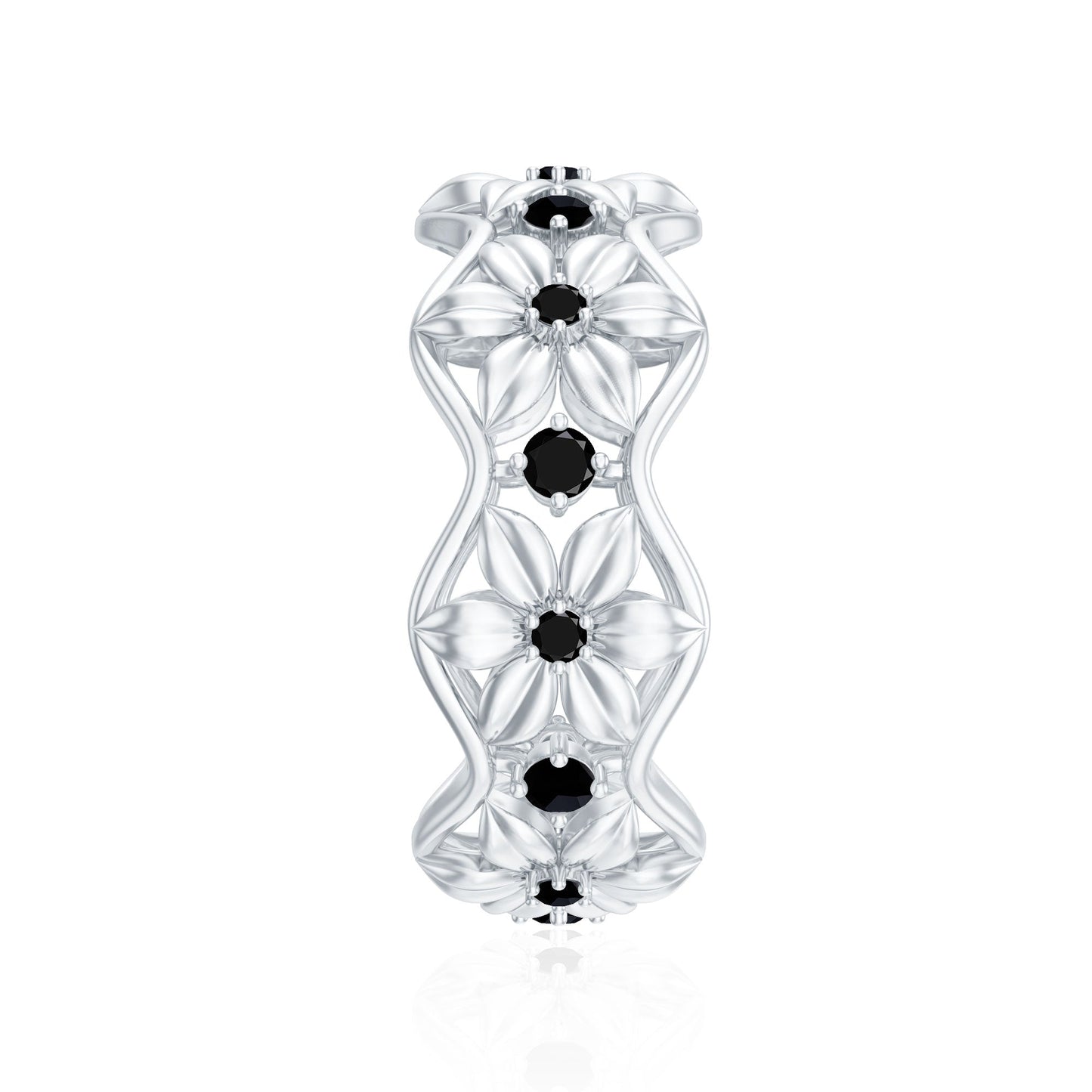 Natural Black Spinel Flower Band Ring for Women