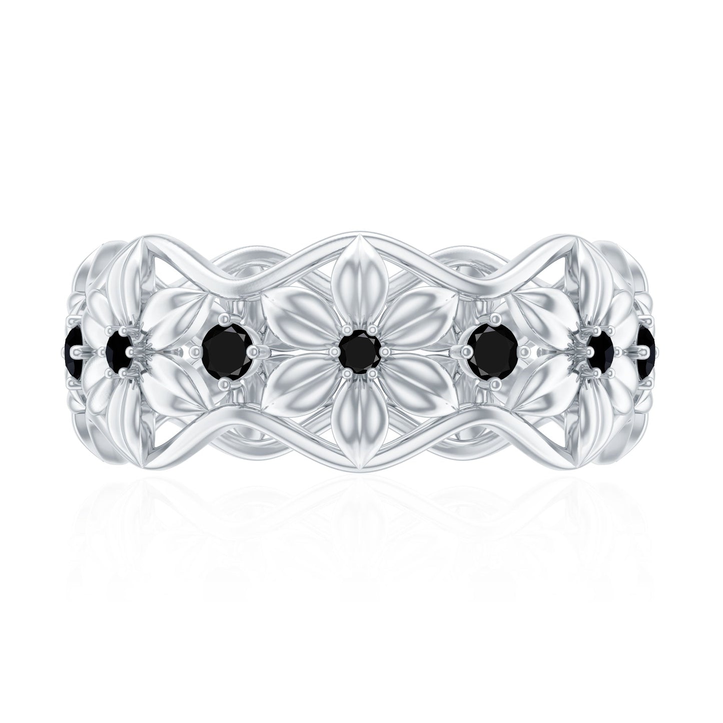 Natural Black Spinel Flower Band Ring for Women