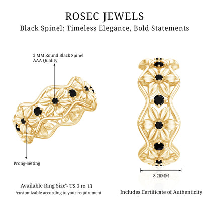 Natural Black Spinel Flower Band Ring for Women
