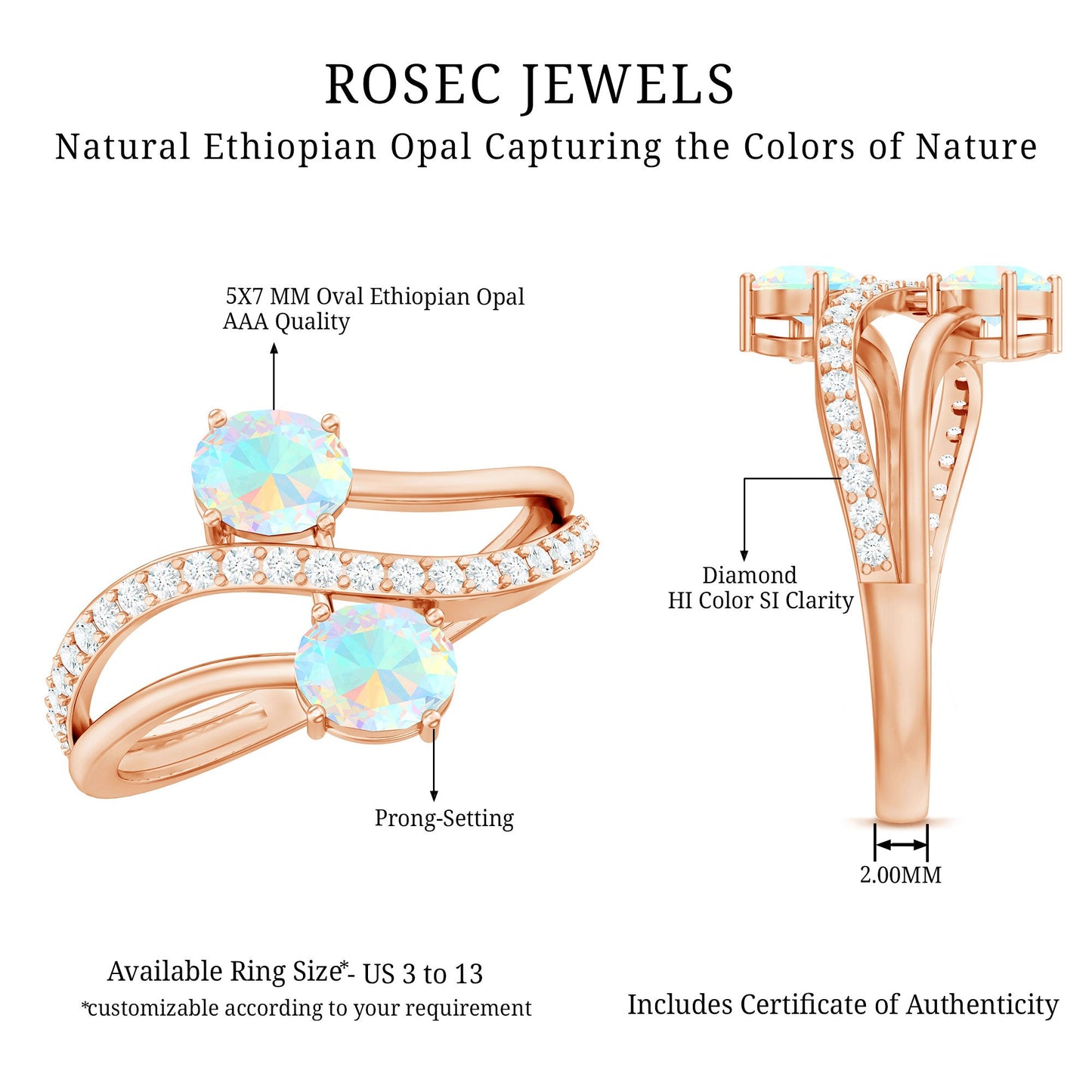 Natural Oval Ethiopian Opal Diamond Toi Et Moi Engagement Ring with Bypass Shank