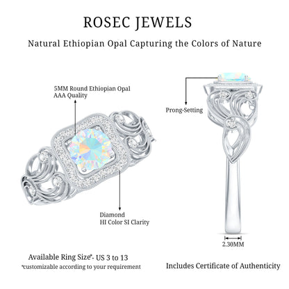 Certified Real Ethiopian Opal Retro Engagement Ring with Diamond
