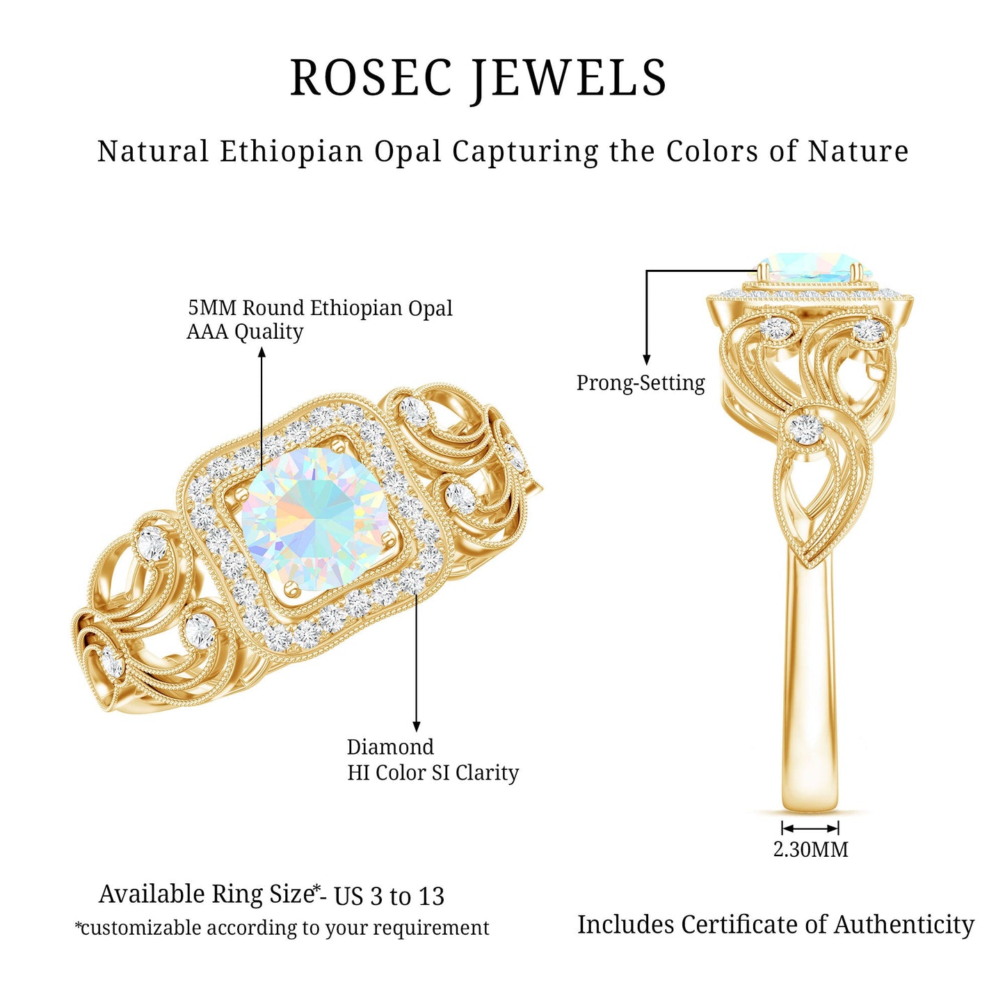 Certified Real Ethiopian Opal Retro Engagement Ring with Diamond