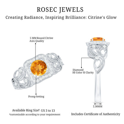 Natural Citrine Retro Engagement Ring with Diamond