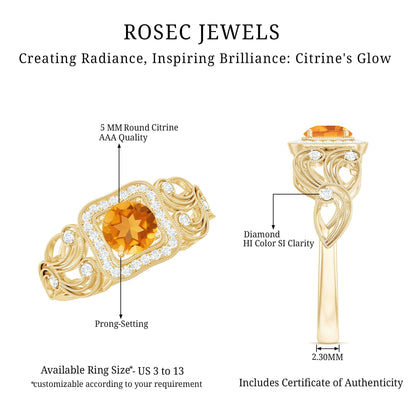 Natural Citrine Retro Engagement Ring with Diamond