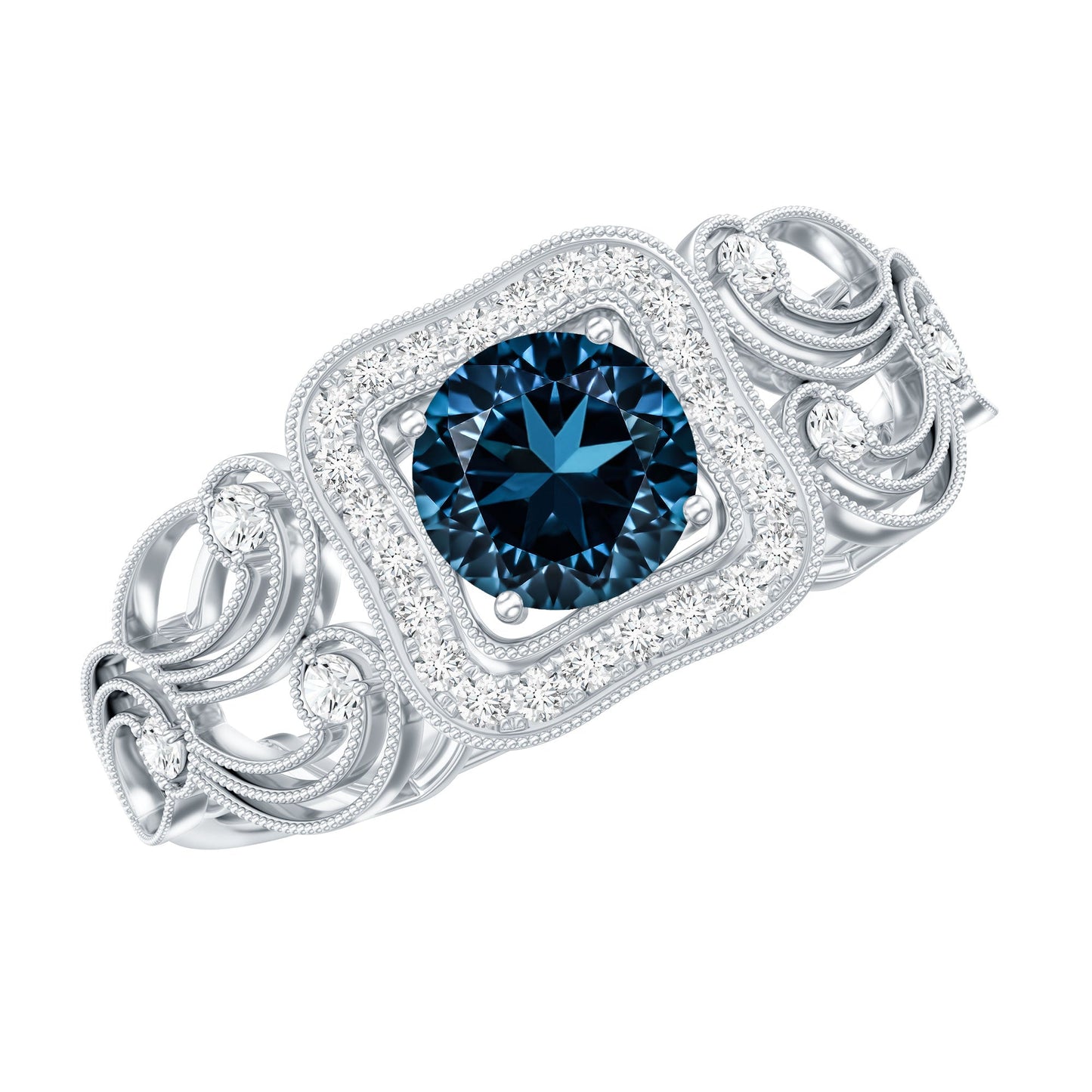 Certified London Blue Topaz Art Deco Engagement Ring with Diamond Halo