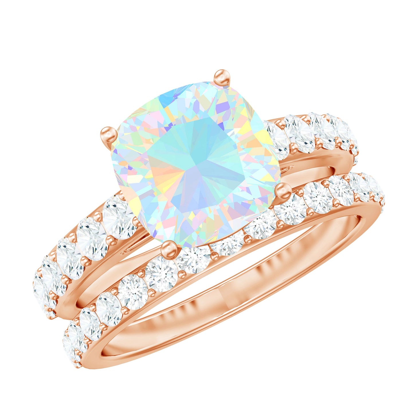 Certified Natural Ethiopian Opal Cushion Cut Engagement Ring with Wedding Band