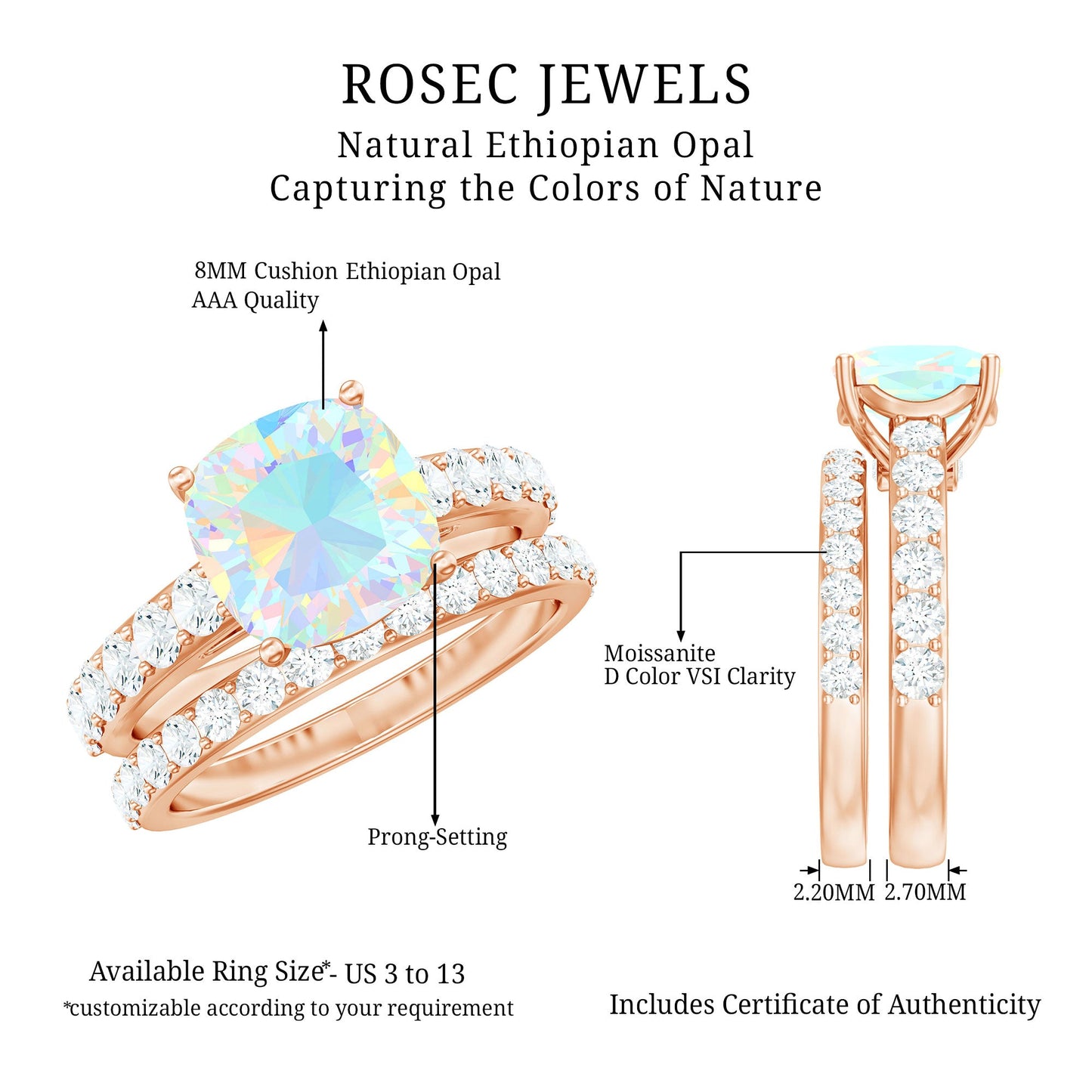 Certified Natural Ethiopian Opal Cushion Cut Engagement Ring with Wedding Band
