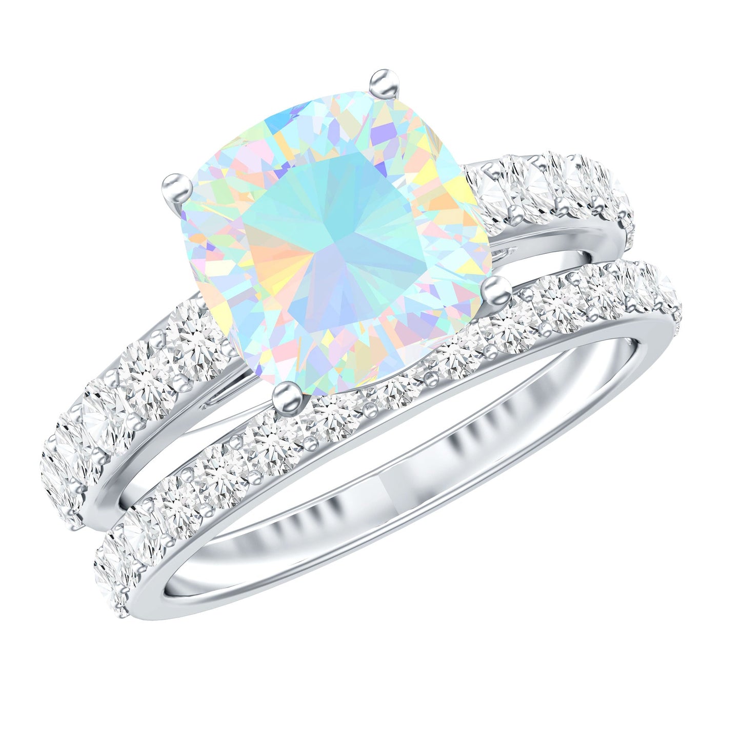 Certified Natural Ethiopian Opal Cushion Cut Engagement Ring with Wedding Band