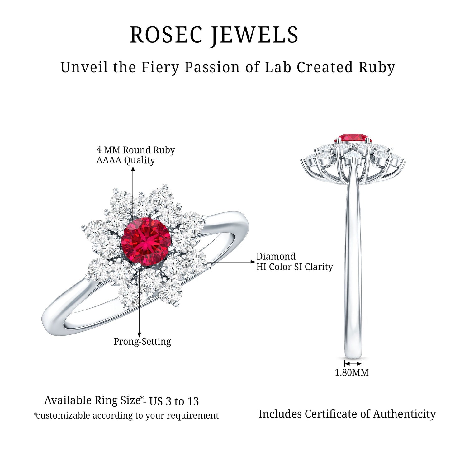 Lab Grown Ruby and Diamond Flower Cluster Engagement Ring