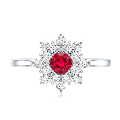 Lab Grown Ruby and Diamond Flower Cluster Engagement Ring
