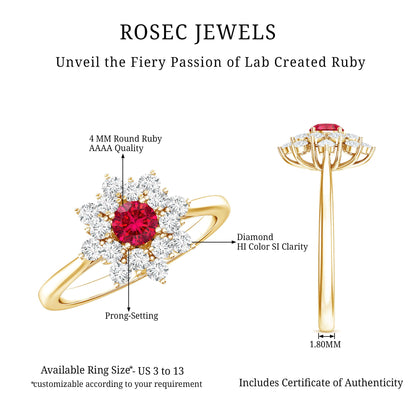 Lab Grown Ruby and Diamond Flower Cluster Engagement Ring