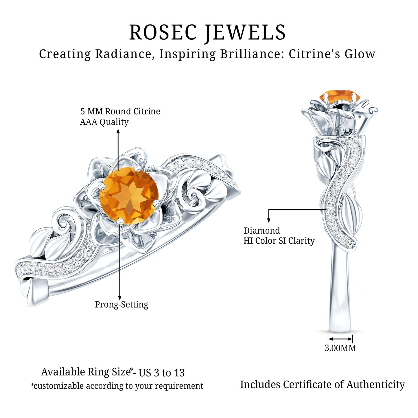 Nature Inspired Citrine Flower Engagement Ring with Diamond