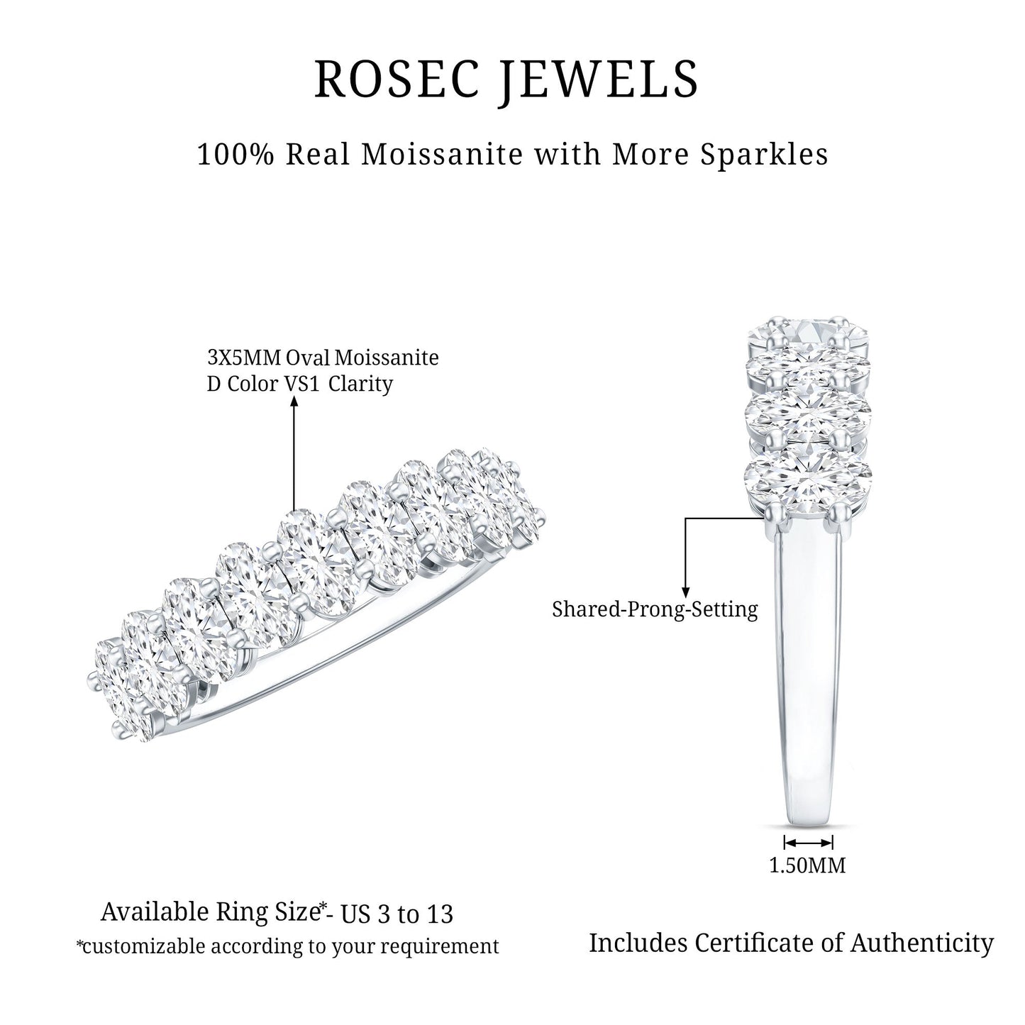 Oval Moissanite Half Eternity Wedding Band Ring