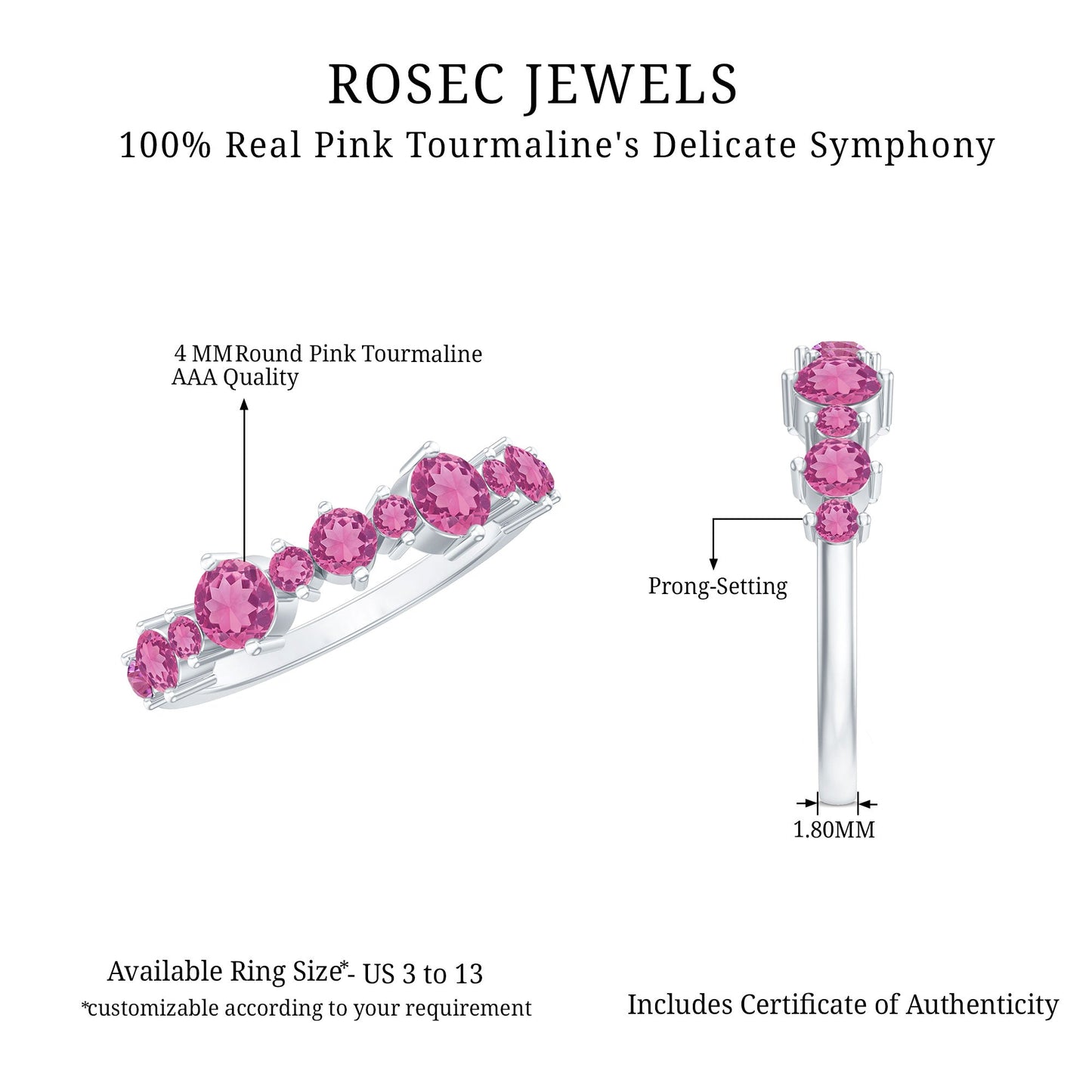 Certified Pink Tourmaline Half Eternity Band Ring