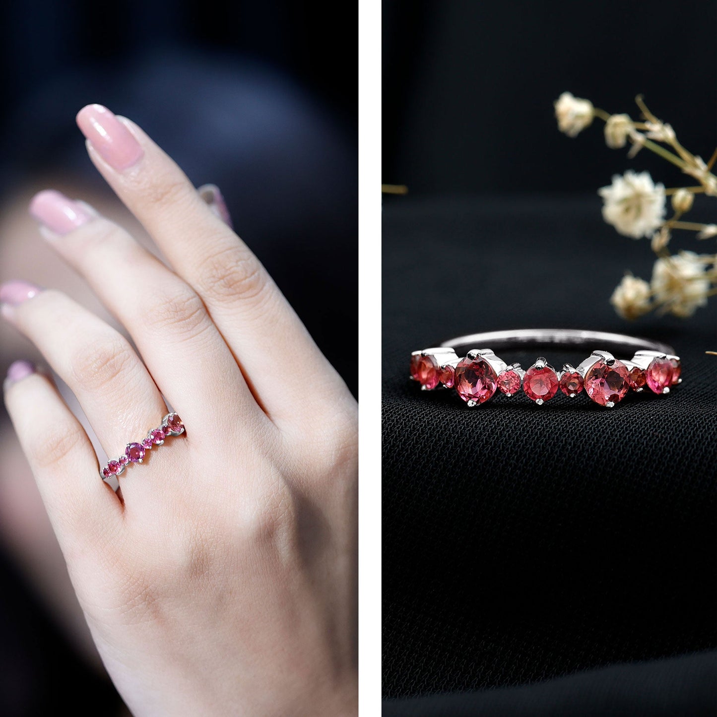 Certified Pink Tourmaline Half Eternity Band Ring