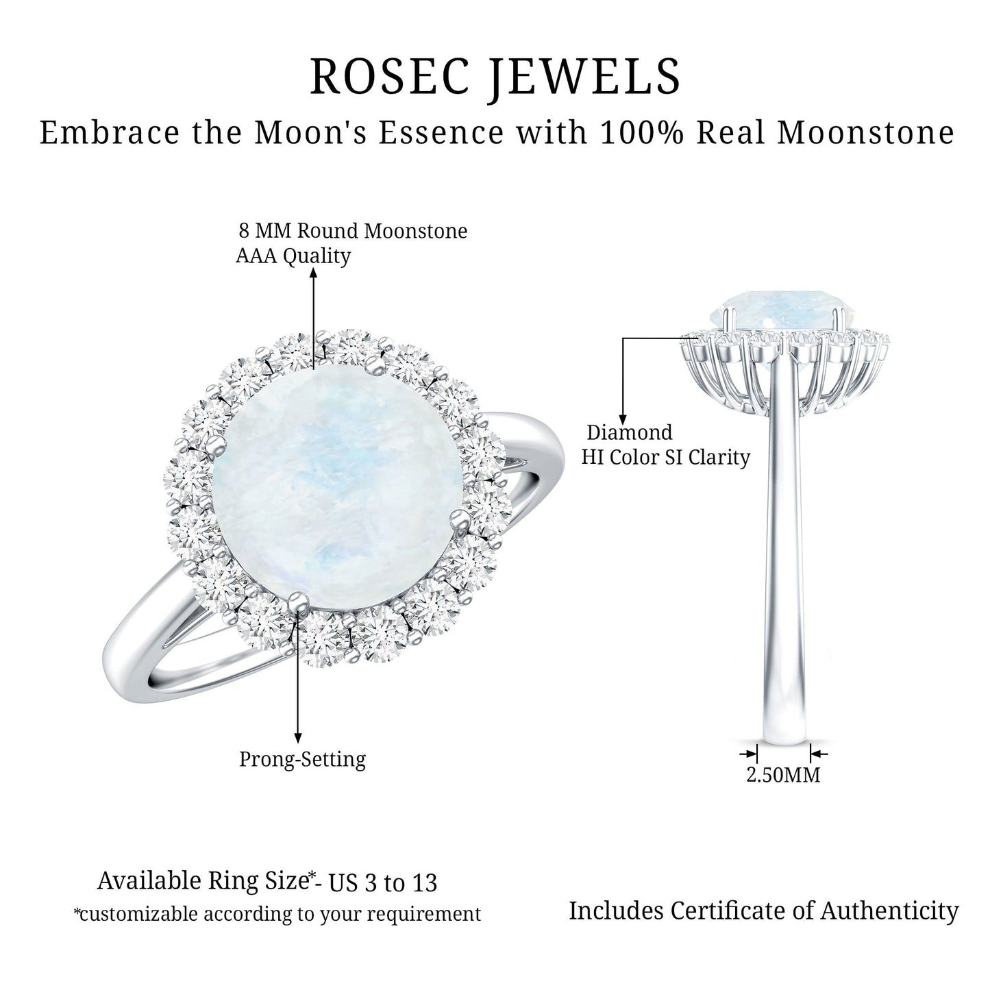 0.8 CT Round Moonstone Halo Engagement Ring with Diamond