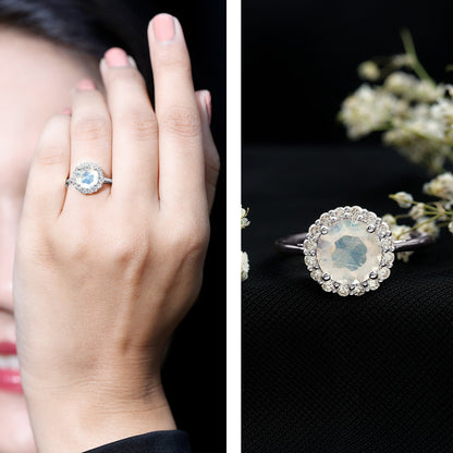 0.8 CT Round Moonstone Halo Engagement Ring with Diamond