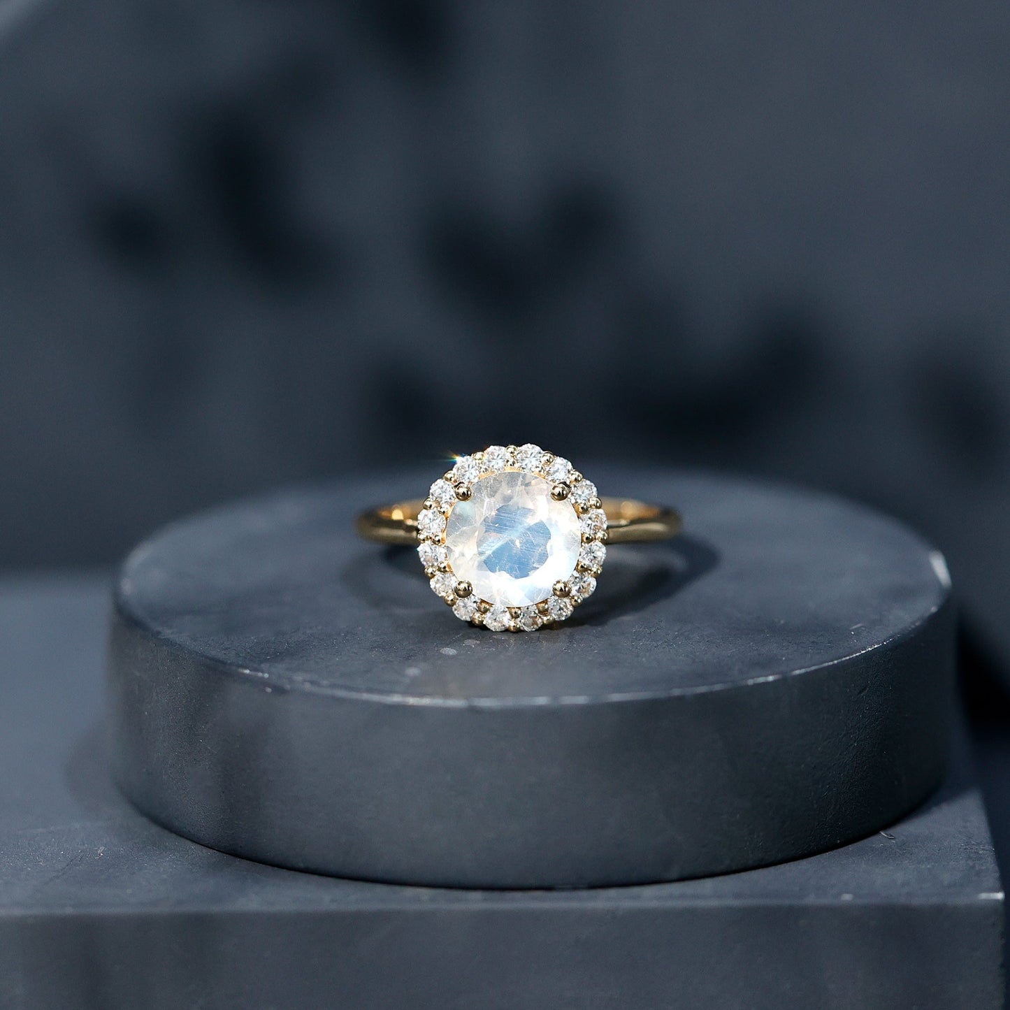 0.8 CT Round Moonstone Halo Engagement Ring with Diamond