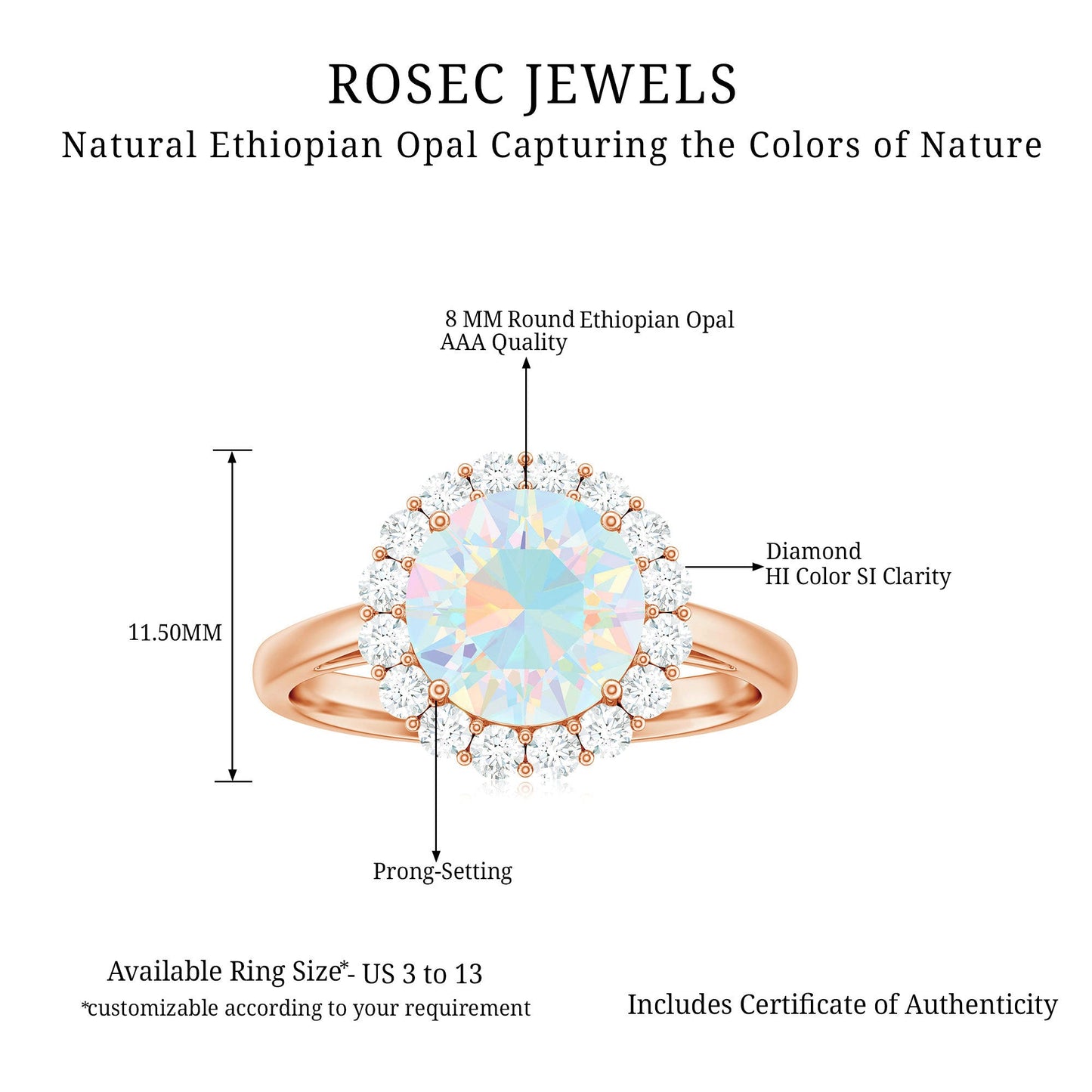 Certified Real 2 Carat Ethiopian Rainbow Opal Engagement Ring with Diamond Halo