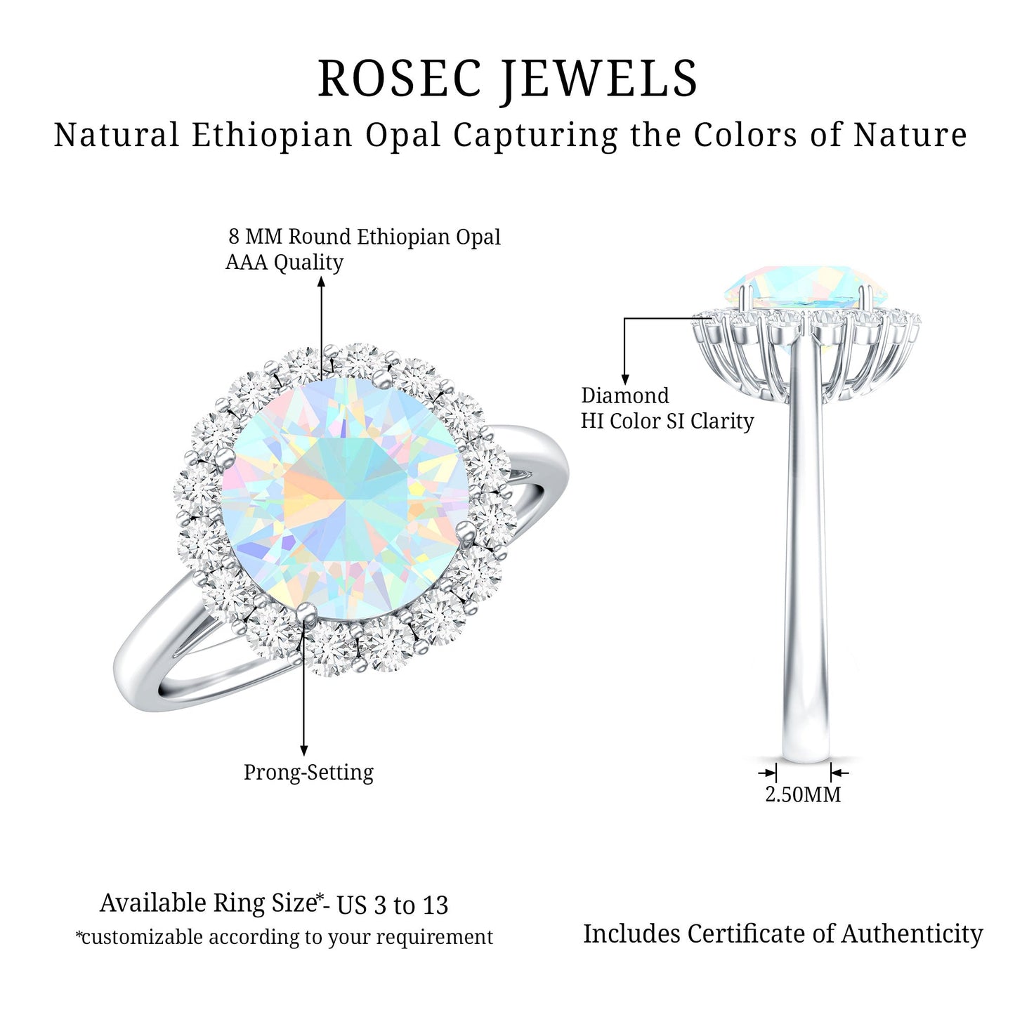 Certified Real 2 Carat Ethiopian Rainbow Opal Engagement Ring with Diamond Halo