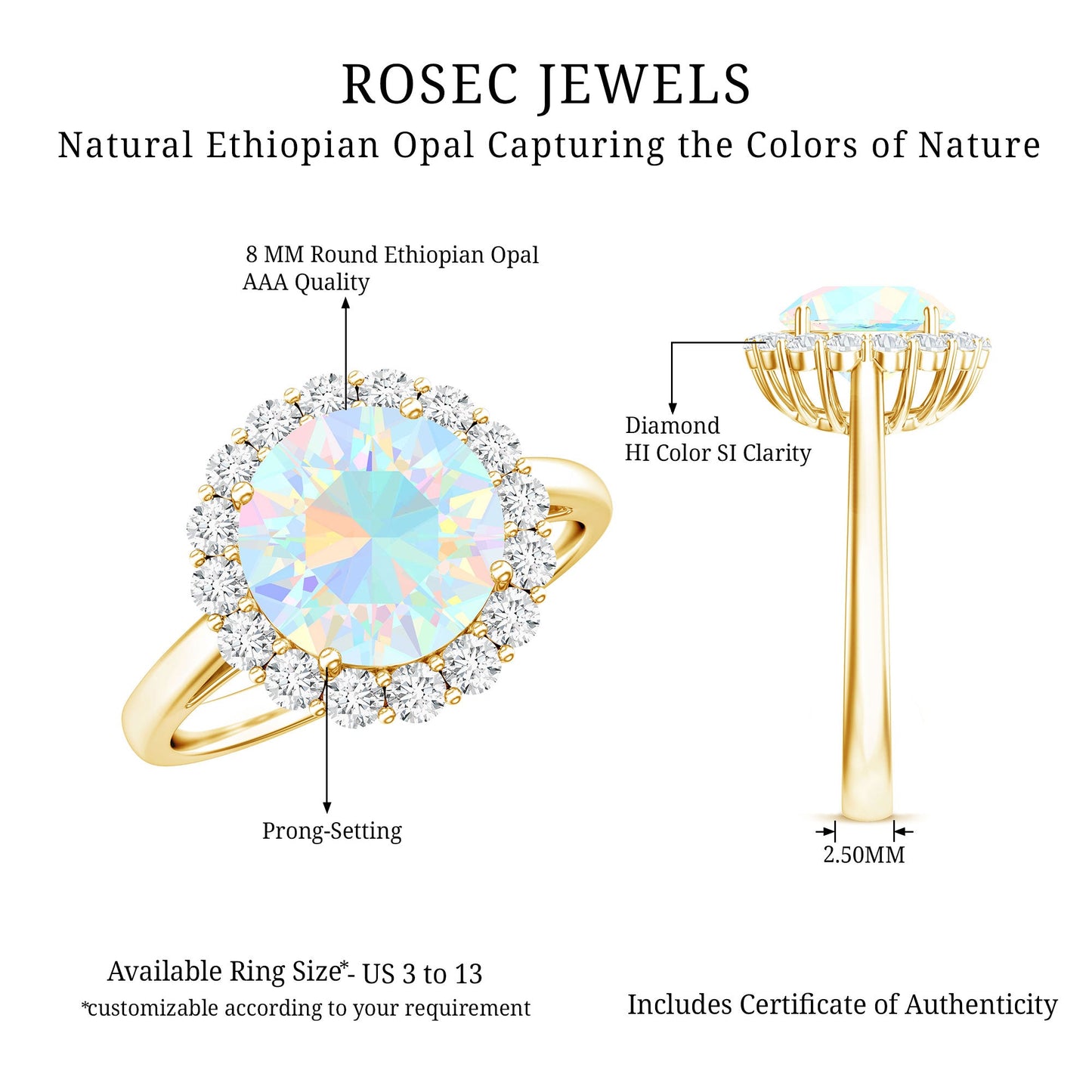 Certified Real 2 Carat Ethiopian Rainbow Opal Engagement Ring with Diamond Halo