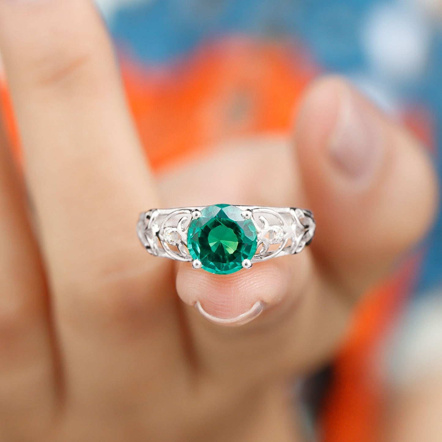 Certified 2 Carat Lab Grown Emerald Antique Engagement Ring