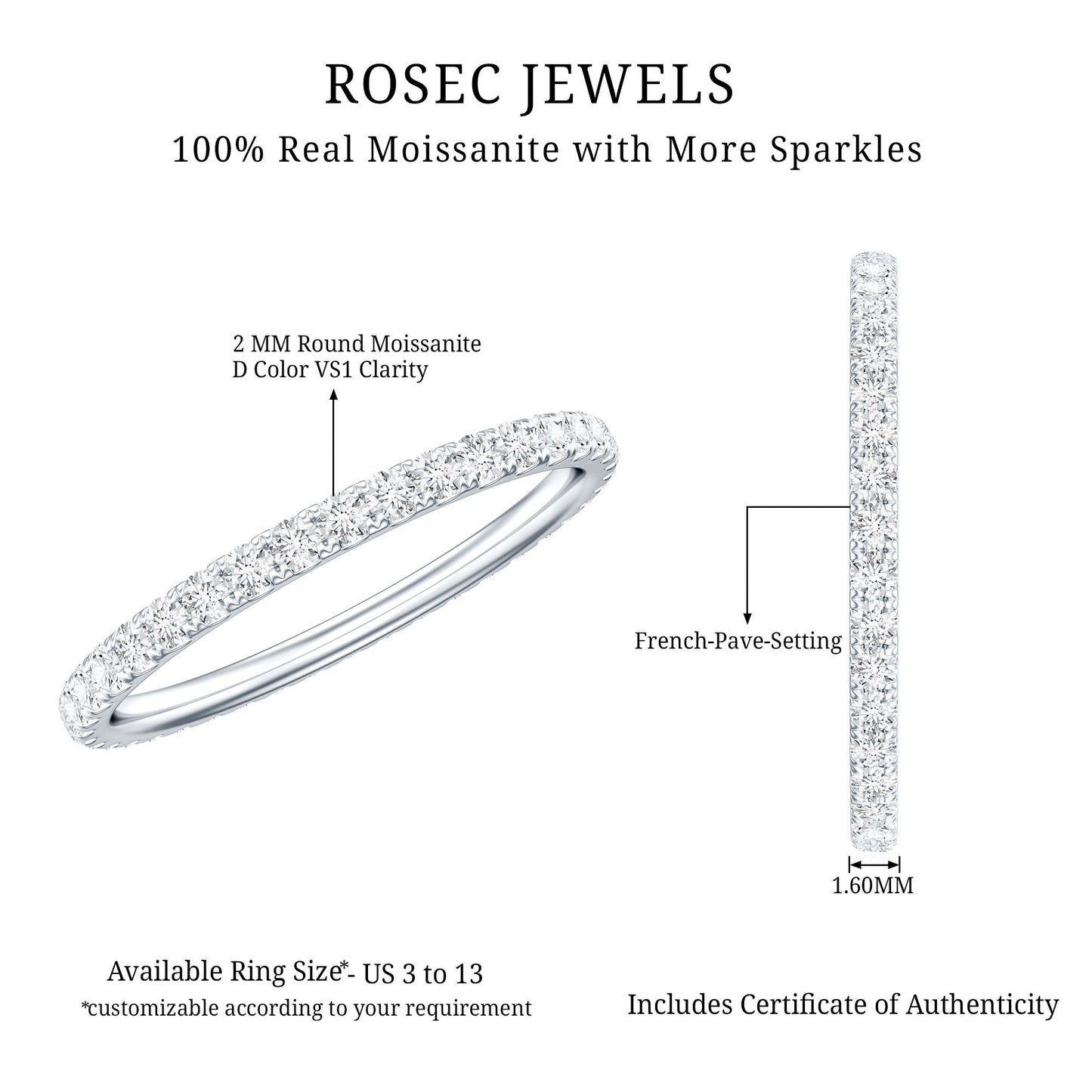 Certified French Pave Set Moissanite Stackable Full Eternity Ring