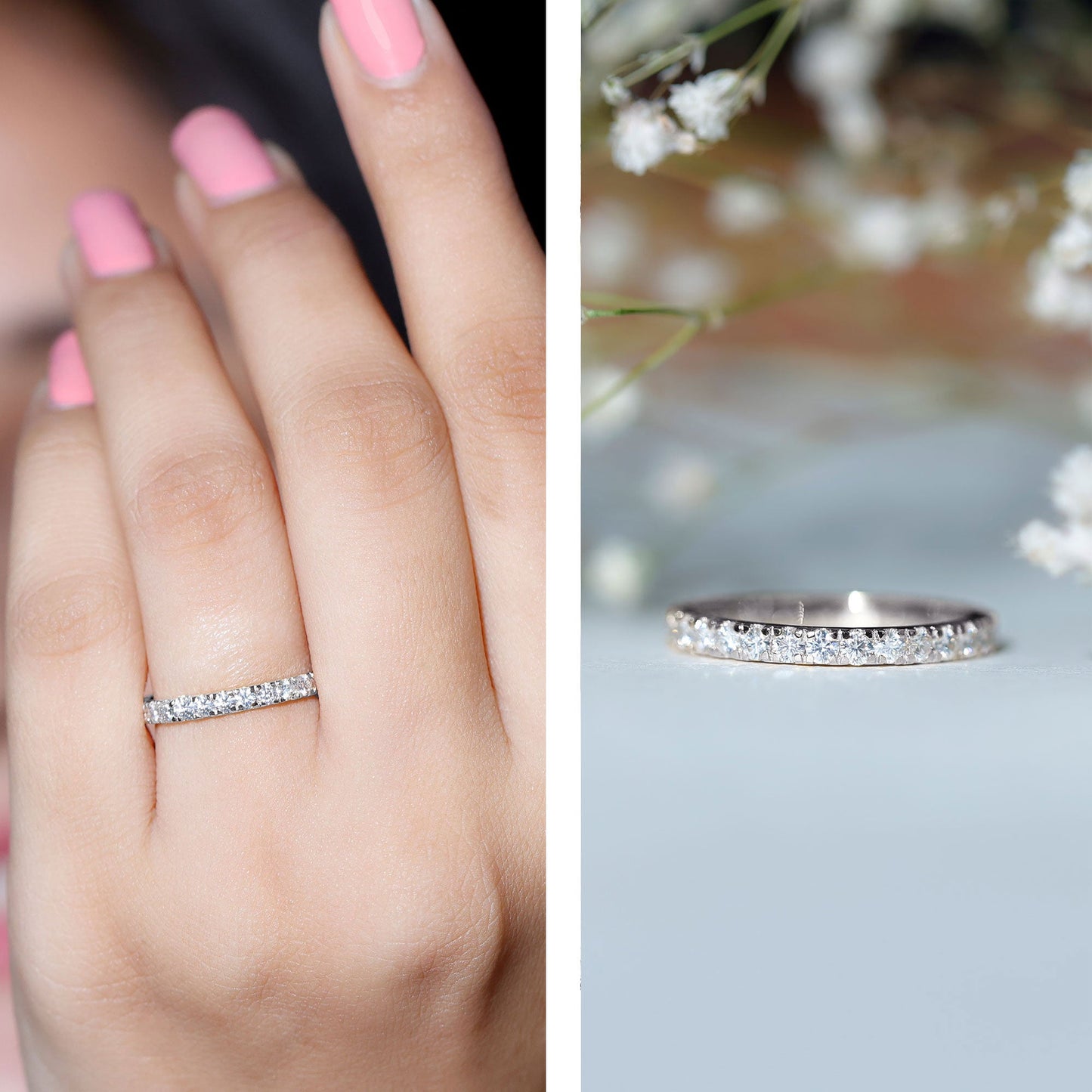 Certified Pave Moissanite Stackable Eternity Band in Silver