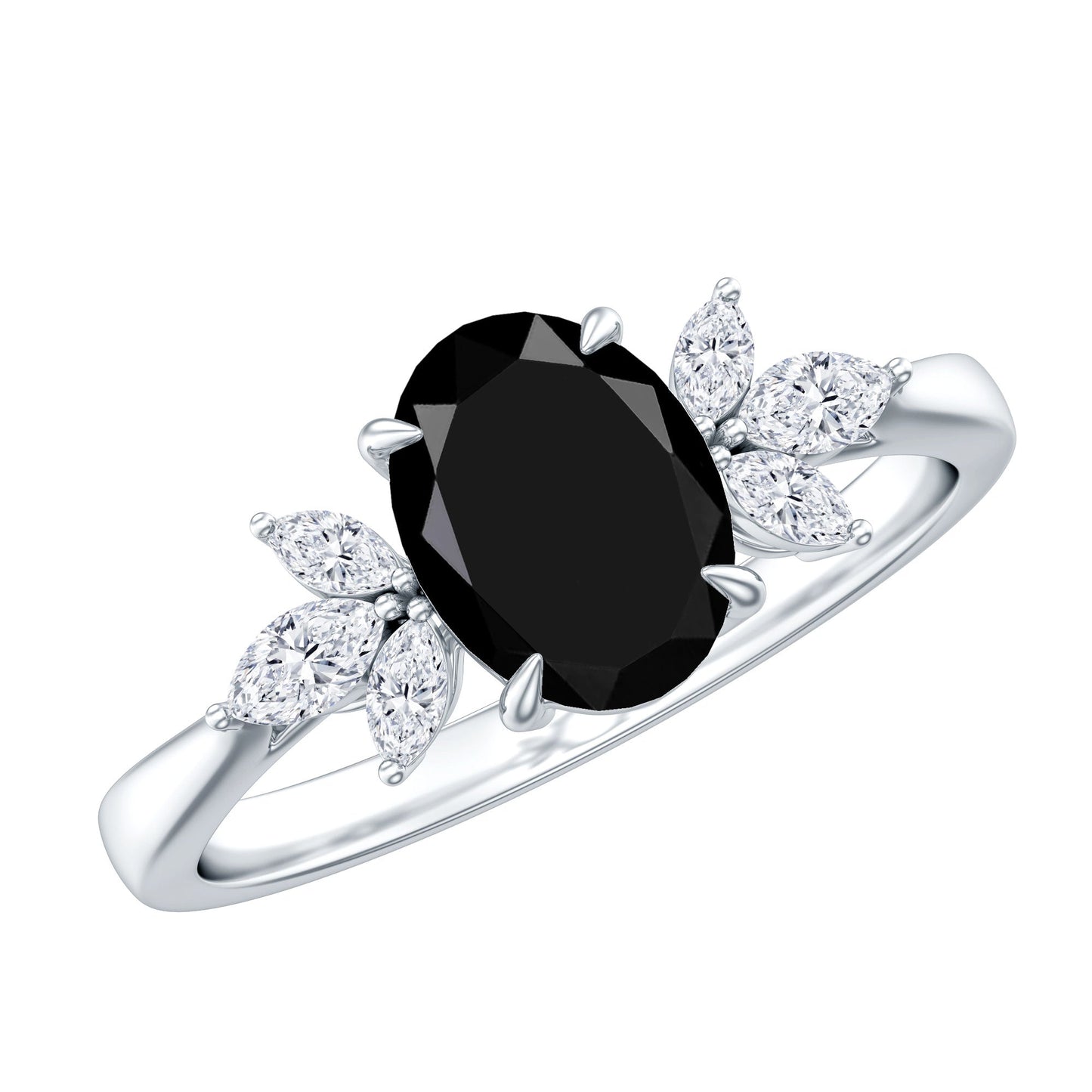 Oval Cut Black Onyx Engagement Ring with Diamond Trio